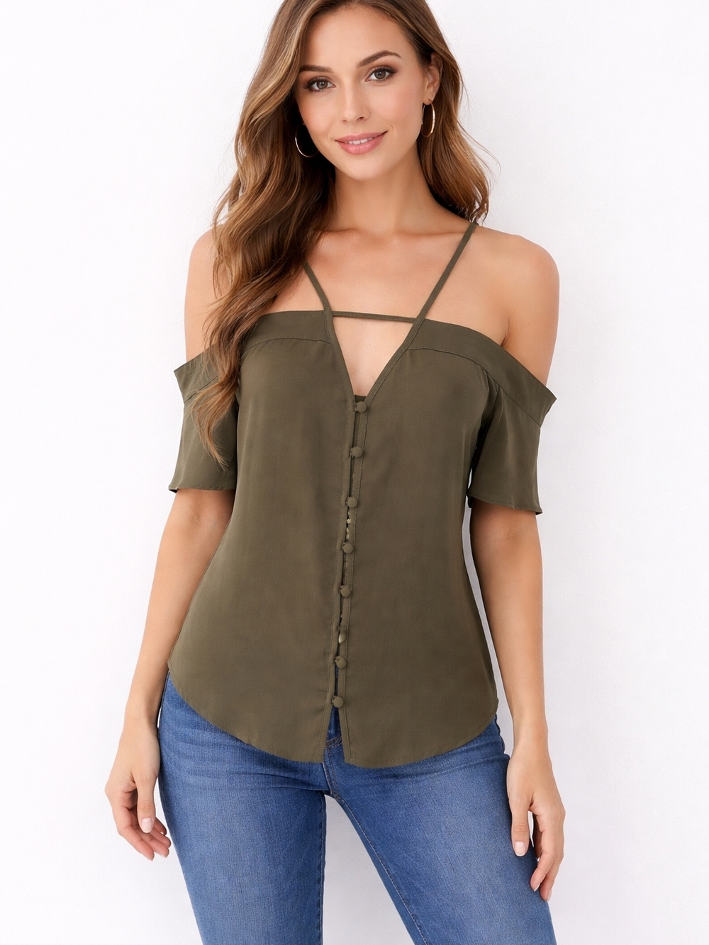 Express Olive Off-Shoulder Strappy Button-Front Tank